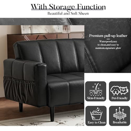 hausway 83”Faux Leather Futon Couch,Mid Century Modern Convertible Leather Sofa with Adjustable Backrest,Storage Pocket,Wooden&Steel Frame for Office,Living Room,Space-Saving,Black hausway