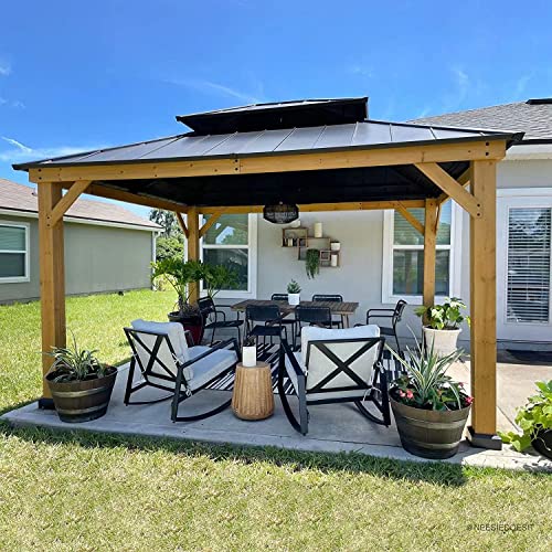 Sunjoy 11 x 13 ft. Wood Gazebo Cedar Framed Gaezbos with Black Double Steel Hardtop Roof for Garden, Backyard Shade, Matte Black Roof + Natural Wood Frame - WoodArtSupply