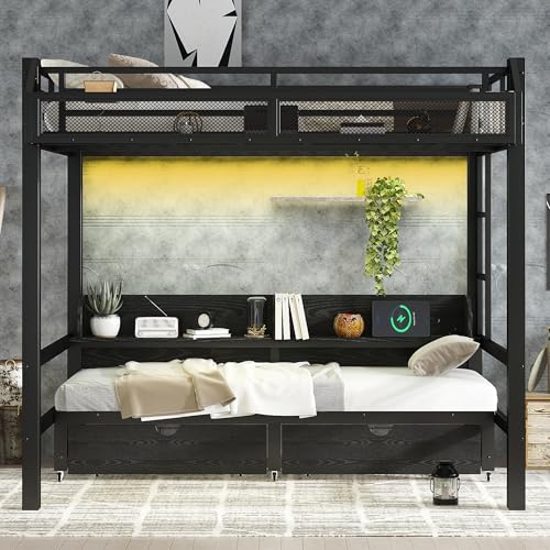Bellemave Metal Full Over Full Size Bunk Bed Frame with Storage Drawers and Shelves,Heavy Duty Kids Bunk Beds with LED Lights and Charging Station for Teens,Adults,Convertible into a Sofa Bed,Black Bellemave