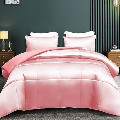 Whale Flotilla 3-Piece Reversible Silky Soft Queen Comforter Bedding Set, Luxurious Satin Comforters Full Size with 2 Satin Pillowcases, Lightweight Duvet for All Seasons, Pink