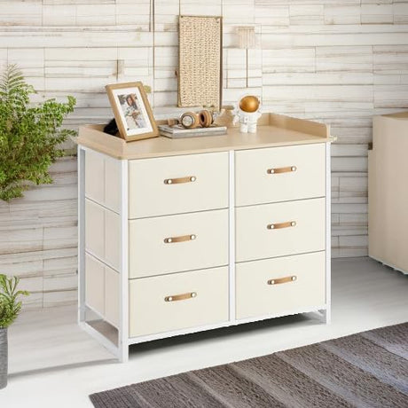 SONGMICS Kids Dresser with 6 Drawers, Boys Girls Dresser, with Water-Resistant Tabletop, Storage Organizer Cabinet, for Bedroom Hallway, Beige UGKR101K01 SONGMICS