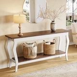 LITTLE TREE 70.9 Inches Long Console Table, 2-Tier Vintage Wooden Sofa Table Behind The Couch with Metal Legs for Hallway, Entryway, Living Room, Brown & White LITTLE TREE