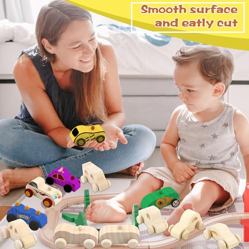 Feradny 42 Pieces Wood DIY Car Toys Unfinished Wooden Cars Wood Car Crafts with 12 Painting Kits for Kids Home Activities Easy Woodworking Party Favors Feradny
