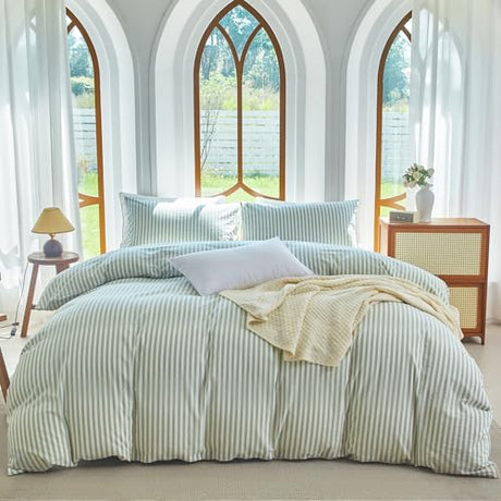 XINMIANFANG Striped Duvet Cover Set Full Size 3 Pcs 100% Washed Cotton Linen Like Textured Natural Wrinkle Comfy Breathable (Full, Classic Stripe-Sage Green/White) XINMIANFANG