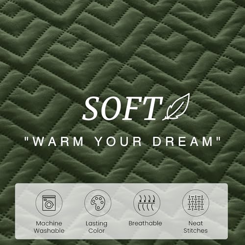 EXQ Home Quilt Set Twin Size Olive Green 2 Piece,Lightweight Soft Coverlet Modern Style Squares Pattern Bedspread Set(1 Quilt,1 Pillow Sham) EXQ Home