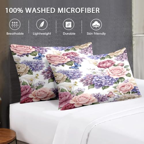 WeCozy Twin Size Comforter Set with Pillowcase, Painting Floral Rose Flower Hydrangea Soft 2 Pcs Bedding for Kids and Adults Bedroom Bed Decor WeCozy