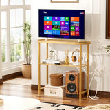 Small Entryway Table Bamboo 30.7", Narrow Hallway Table Oval Top 2-tier, Slim Console Table with Anti-fall Edge, Sofa Side Table 5min Easy Assembly, Small TV Stand for Bedroom, Indoor Plant Stand Atoping