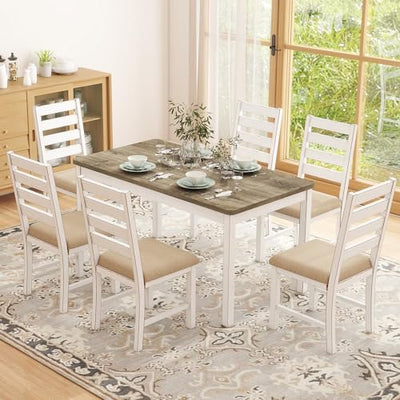 ROCSUMOO Farmhouse Dining Table Set for 6 Person, 59" Kitchen Table Set with 6 Upholstered Chairs, White Rectangular Dinner Room Table & Chairs Set Rustic Wood Stable (6 Chairs)