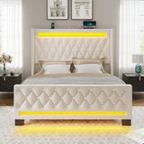 Rolanstar Queen Bed Frame with LED Light and Charging Station, Upholstered High Headboard and Footboard, Wood Slats, Noise Free, Easy Assembly, Beige Rolanstar