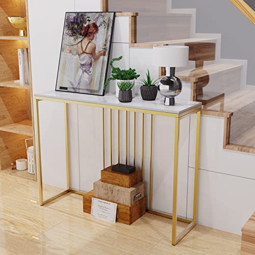 Wisfor Sintered Stone Console Table: White Entryway Table with Golden Frame - Modern Narrow Table Behind Sofa - Long Table for Hallway Foyer, 39.4x11.8x30.9 inch Wisfor