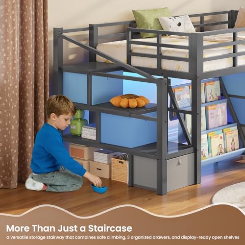 VIAGDO Low Loft Bed Twin Size with 9 Storage Drawers, Bookcase and LED Lights, Metal Kids Loft Bed with Wide Staircase, Open Shelves and Safety Guardrail, Twin Loft Bed with Under-Bed Playhouse, Grey VIAGDO