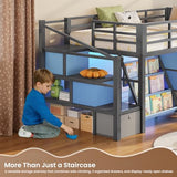 VIAGDO Low Loft Bed Twin Size with 9 Storage Drawers, Bookcase and LED Lights, Metal Kids Loft Bed with Wide Staircase, Open Shelves and Safety Guardrail, Twin Loft Bed with Under-Bed Playhouse, Grey VIAGDO