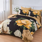 Dobuyly King Size Comforter Set 7 Piece Bed in a Bag, Yellow Brown Floral Printed on Black Comforter Set with Sheets, Soft Microfiber Botanical Boho Complete Bedding Set for All Season Dobuyly