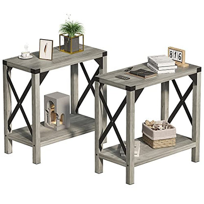 IDEALHOUSE Narrow End Table Set of 2 for Small Spaces, Rectangular Farmhouse Nightstand Sofa Side Table for Living Room, Bedroom, Lounge(Grey) - WoodArtSupply