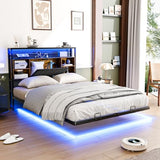 VINGLI Full Size Floating Bed Frame with Headboard, LED Lights & Charging Station, Cozy Velvet Upholstered Headboard, Hidden Storage, Heavy Duty Metal Frame, No Box Spring Needed, Easy Assembly, Black VINGLI