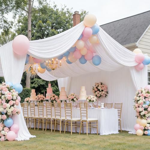 Htper 4 Panels 5x30ft White Ceiling Drapes for Wedding, Wrinkle Free Thick Polyester 30ft Long Canopy Tent Ceiling Curtains Draping Arch Drapery for Birthday Party Event Venue Decoration Htper