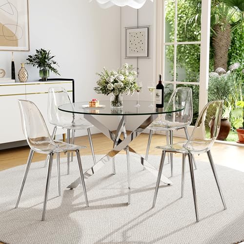 HAIZAO Clear Round Glass Dining Table Set for 4, 5 Piece Circle Kitchen Table Set, 36'' Modern Circular Dining Room Table Set, Minimalist Dining Set, Clear Acrylic Chair, for Small Place (Silver) HAIZAO