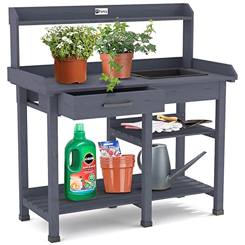 Elevens Potting Bench Tables Outdoor, Potting table with Sink Garden Work Station Planting Bench with Storage Drawer Cabinet and Open Shelf for Backyard, Patio and Lawns, 45.3*17.8*47.7” (6 Feet/Grey)