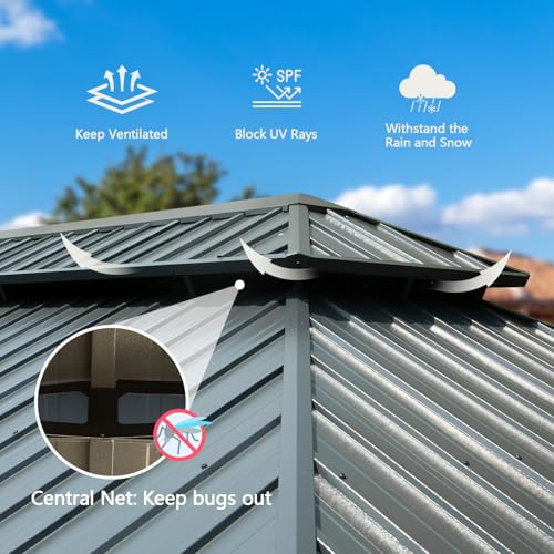 Domi Hardtop Gazebo 14x22FT, Outdoor Gazebo with Galvanized Steel Double Roof, Aluminum Frame, Built-in Gutter System, Curtain and Netting, Metal Gazebo Pavilion for Patio Deck Garden, Grey domi outdoor living