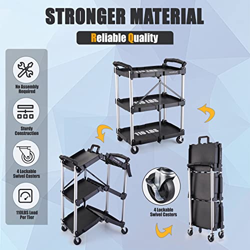 FUTURELAB Portable Folding Service Cart - 3 Tier 330LBS Capacity - Rolling Cart Utility Cart Foldable Cart with Wheels for Warehouse Home Workshops - WoodArtSupply