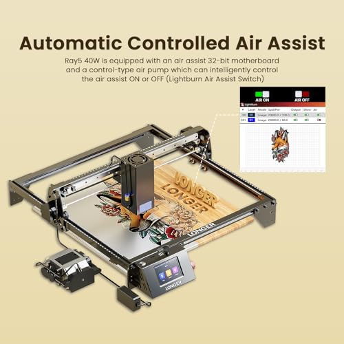 LONGER RAY5 40000mW Laser Engraver with Air Assist,3.5” Color Touch Screen, App Offline Control, High-Precision Laser Cutter for Wood, Metal, Acrylic, Tumblers & Cylindrical Objects Longer
