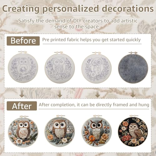 WHQLANG 4 Sets Owl Embroidery Kit, 8.1" Hoops, Embroidery Kit for Beginners to Advanced, Cross Stitch Kits,Inchlude Water Soluble Pattern, Needles,Threads, Template Tools