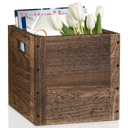 Y&ME YM Wood Storage Bins, Rustic Brown Decorative Wood Storage Box Wood Crates Container Cube Basket Bins Organizer for Home,Office,Closet,Shelf, 11” x 11” x 11”