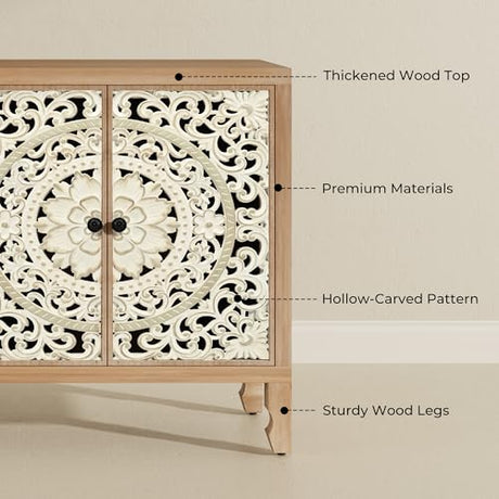 Furnivado Buffet Cabinet with Storage, Accent Cabinet with 4 Carved Doors, Solid Wood Sideboard with Adjustable Shelf, Vintage Cabinets for Kitchen, Living Room, Entryway, White&Natural Furnivado