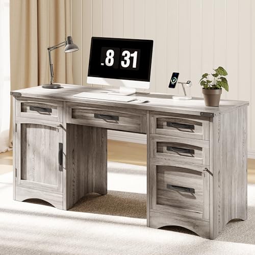 Decofy Farmhouse Executive Desk with Drawers, 55" Home Office Desks with Fast Charging Station, Lockable File Cabinet, Wood Writing Computer Desk for Work, Study, Grey Decofy