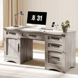 Decofy Farmhouse Executive Desk with Drawers, 55" Home Office Desks with Fast Charging Station, Lockable File Cabinet, Wood Writing Computer Desk for Work, Study, Grey Decofy
