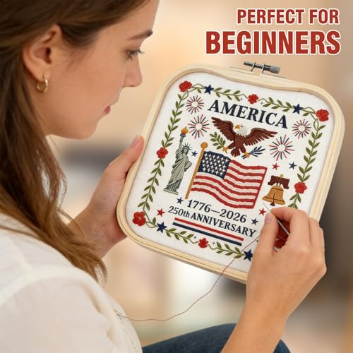 US 250th Anniversary Embroidery Kit, Patriotic Cross Stitch Kits, DIY Embroidery Kits for Adults with 1776-2026 Flag Pattern, 20cm Hoop, Threads, Needles & Instructions for Veterans Military Fans