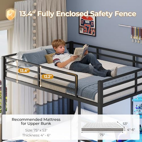ADORNEVE Bunk Bed with Desk, Full Over Full Bunk Beds with Charging Station & Led Lights, 4 Storage Drawers & 2 Open Storage Shelves, Metal Loft Bed with Safety Guardrail & Ladder for Kids/Teen, Grey ADORNEVE