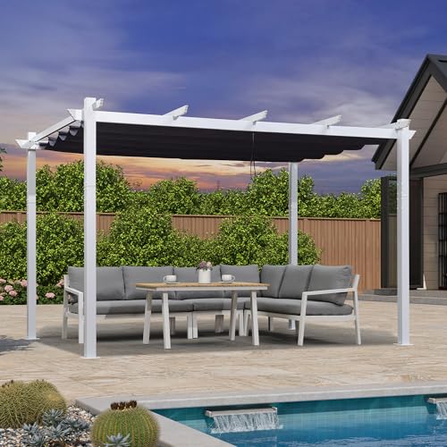 PURPLE LEAF 10' x 13' Outdoor Retractable Pergola Heavy-Duty Aluminum White Pergola with Sun Shade Canopy Patio Modern Shelter for Garden Yard Deck Grape Trellis, Navy Blue - WoodArtSupply