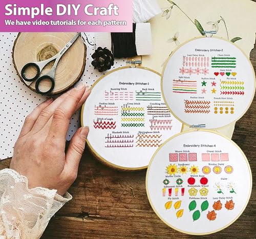 Sutesloly Embroidery Kit for Beginners Adults, 4 Sets Learn to Floral Patterns Simple Starter kit for Beginners, Easy Practice Kit, 7.8inch Hoop, Hand DIY Craft for Women，Purple