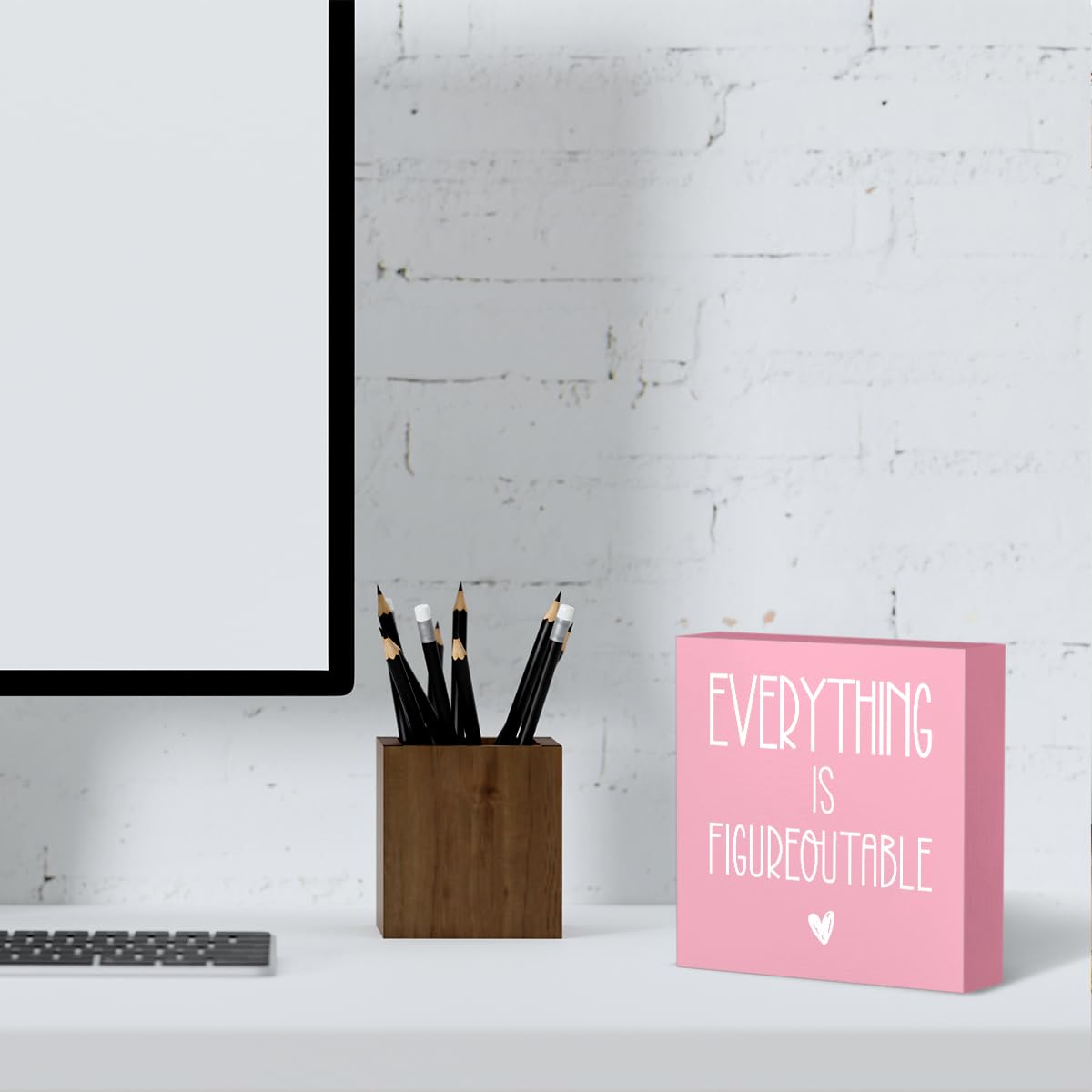 mmiishe Everything Is Figureoutable Wooden Box Sign Decorative Inspirational Farmhouse Wood Box Sign Home Office Decor Motivational Gift Rustic Square Desk Decor Sign for Shelf Pink mmiishe