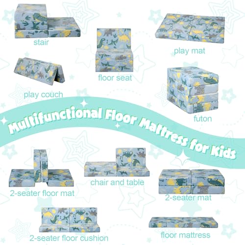 MeMoreCool Foldable Floor Mattress for Kids, Glow Dinosaur Trifold Mat, Kids Folding Mattress Portable Futon, Blue MeMoreCool
