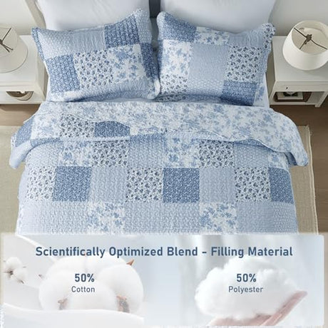 GOONE King Quilt Set 104x90 Inches, Blue Floral Boho Bedspread Farmhouse Quilting Bedding Set, Lightweight Washed Coverlet Set, Reversible Bed Cover, Quilt King Size with 2 Pillow Shams All-Season GOONE
