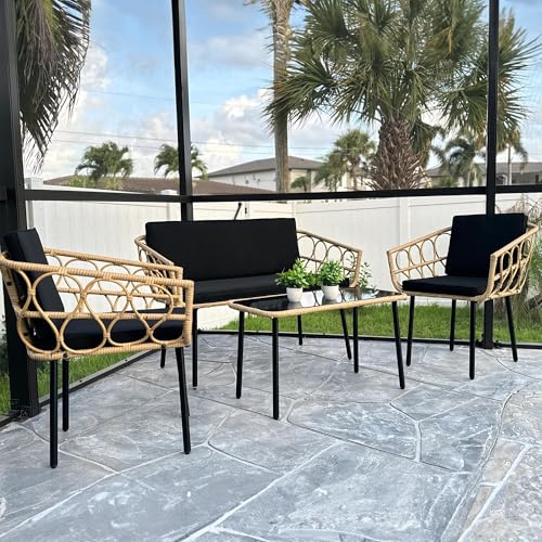 YITAHOME 4 Pieces Patio Furniture Set, Wicker Outdoor Bistro Set, All-Weather Rattan Conversation Set with Loveseat Chairs Table Cushions for Backyard, Pool, Deck, Garden – Black - WoodArtSupply