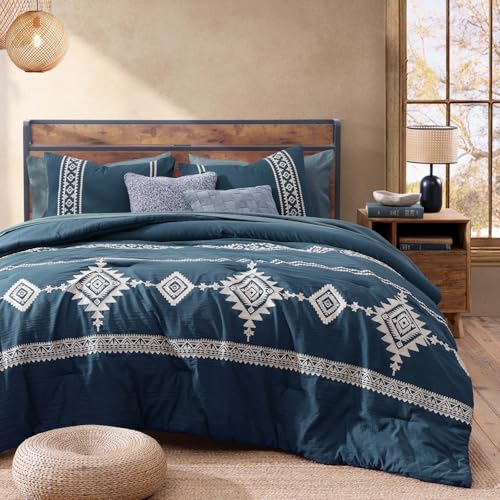 MaiRêve Embroidery Queen Size Comforter Set Navy Blue, Boho Farmhouse Western Bedding Set 7 Pieces, All Season Bed in A Bag Comforter Set with Sheets, Pillowcases & Shams MaiRêve