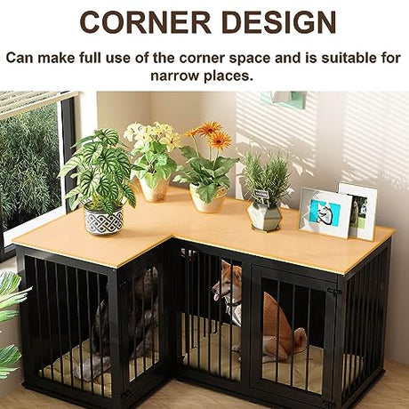 Lovinouse Corner Dog Crate Furniture for 2 Dogs, Indoor Wooden Furniture Style Heavy Duty Large Dog Kennel House with Double Rooms & Divider for Large & Medium Dogs, Black Lovinouse