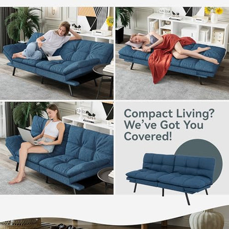 AMICLIBER Futon Sofa Bed Convertible Couch, Blue Linen Sofa Bed with Memory Foam, Adjustable Backrest & Armrests, Multifunctional Small Loveseat Sleeper Sofa for Living Room, Apartment, Office AMICLIBER