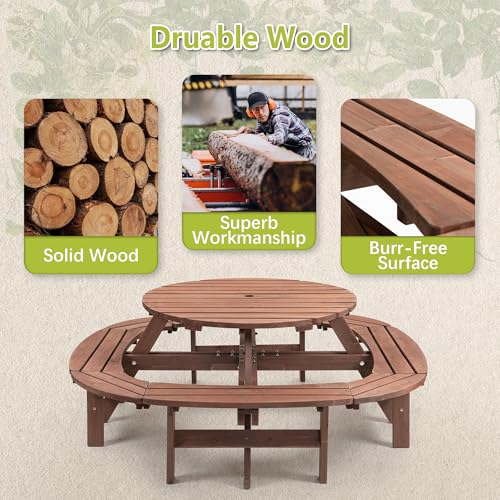 RocVanc 8-12 Person Outdoor Round Wooden Picnic Table with 8 Built-in Benches, Umbrella Hole, Lifetime Outside Table and Bench Set for Garden, Backyard, Porch, Patio and Deck RocVanc
