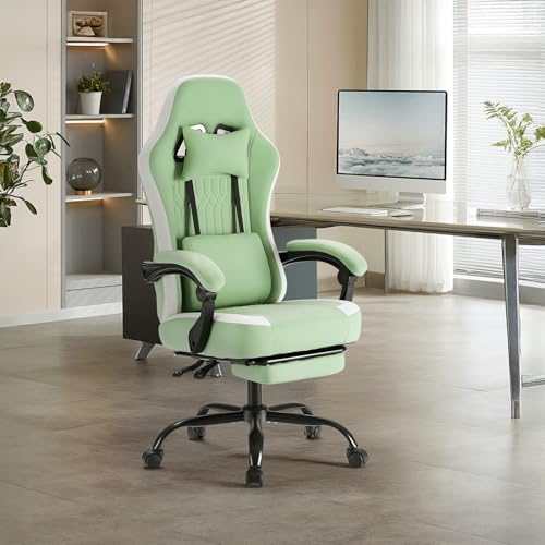Sweetcrispy Computer Gaming Chair - High Back Ergonomic Desk Chair with Footrest and Lumbar Support, Height Adjustable Task Chair with Linkage Armrests and Headrest, 360° Swivel Wheels, Green Sweetcrispy