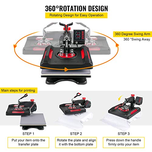 VEVOR Upgraded Heat Press Machine - 8 in 1 Heat Press 15x15, 360° Swing Away Heat Press for Sublimation, DIY T-Shirts/Hats/Mugs/Heat Transfer Projects - T Shirt Press Machine, Red