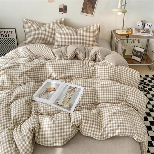 Nayoroom Gingham Duvet Cover Twin Size Brown Tan Plaid Checkered Comforter Cover Grid Farmhouse Bedding Set 2 Pcs Soft Breathable Washed Microfiber Gifts for Women Men Nayoroom