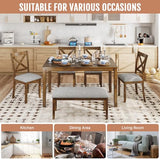 Zevemomo 6-Piece Solid Wood Dining Table Set, Including 1 Dining Table, 4 Upholstered Chairs and 1 Bench, Wooden Dining Table Set for Kitchen, Dining Room, Walnut Zevemomo