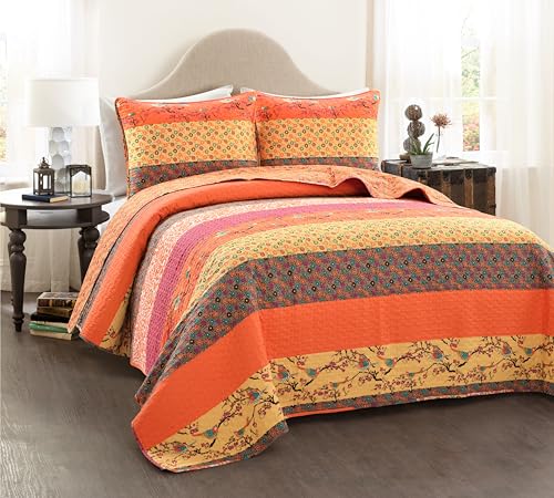 Lush Decor Royal Empire Reversible Cotton Quilt Set, 3 Piece Set Full/ Queen, Tangerine - Striped Bedding Set - Floral Quilt Queen Size - Orange Bedding - Boho Decor Lush Decor