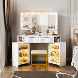 SKKTKT Vanity Desk with Charging Station & LED Lights Mirror – Corner Design HD Triple Mirror Makeup Vanity Table Set with Storage Drawers & Chair for Living Room/Bedroom Ideal Gift (White) SKKTKT