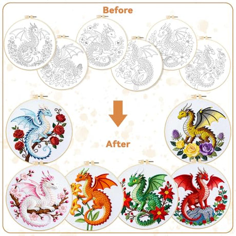 BEUNITONE 6 Sets Embroidery Kits for Beginners with Dragon and Flowers Patterns, DIY Craft Kits for Adults Include Embroidery Hoops and Instructions, Needlepoint Kits for Craft Lover and Home Decor BEUNITONE