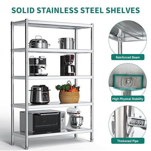 YITAHOME Stainless Steel Shelving Unit 5 Tier, 48"*18"*72" Storage Shelves, Heavy Duty Shelf for Garage Kitchen Office Restaurant Warehouse YITAHOME